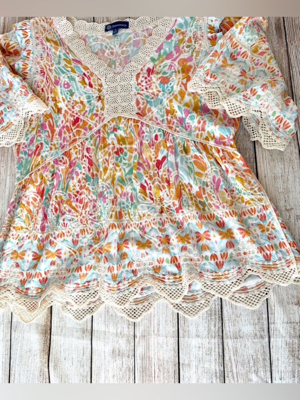 Democracy Floral Crochet-Trim Peasant Blouse in Pastel Multi - Picture 5 of 13